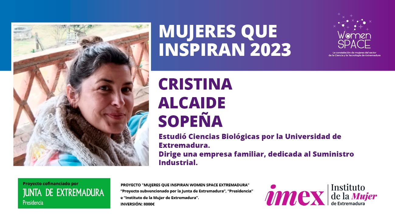 Cristina Alcaide Sopeña. Titulada en Ciencias Biológicas por la UEx. Dirige una empresa dedicada al Suministro Industrial. Mujeres que inspiran 2023.