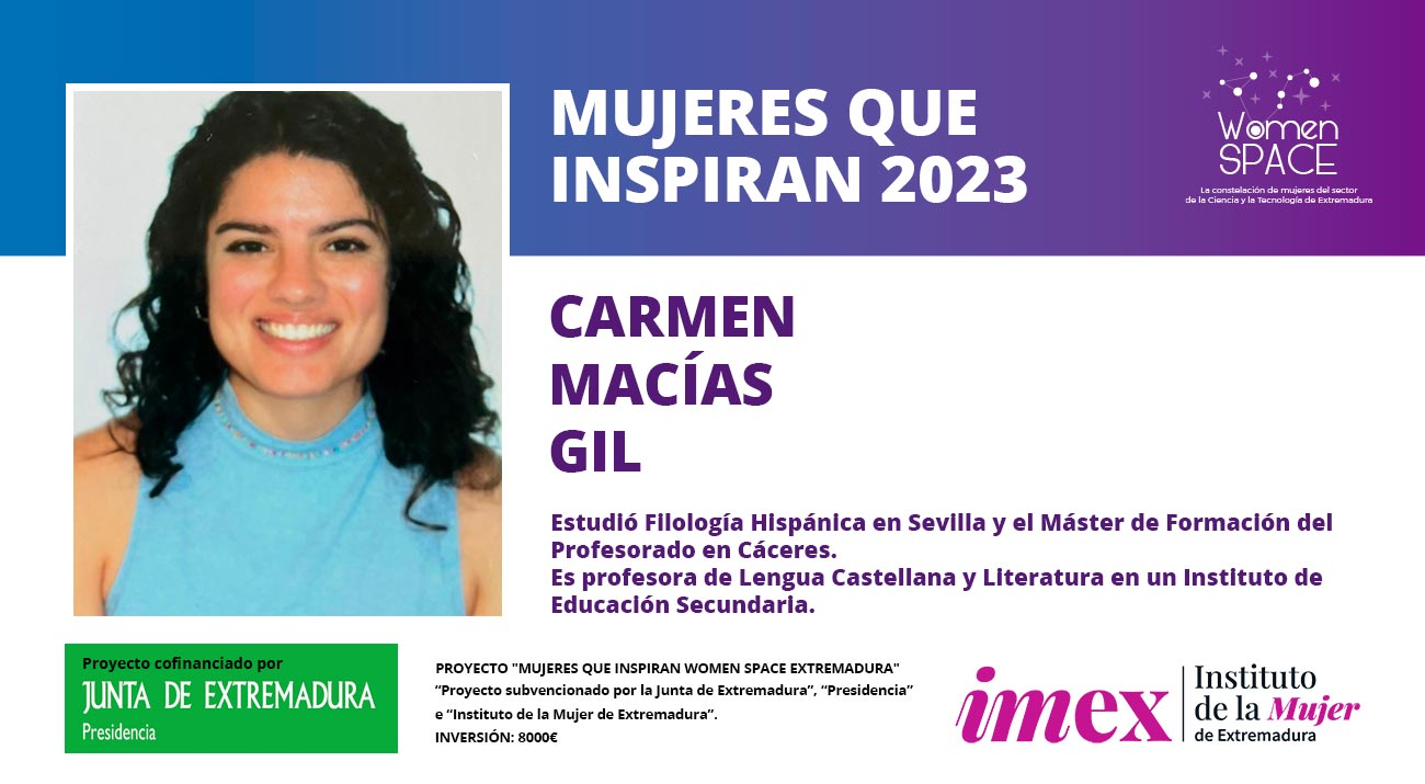 Carmen Macías Gil. Profesora de Lengua Castellana y Literatura en un Instituto de Educación Secundaria. Mujeres que inspiran 2023.