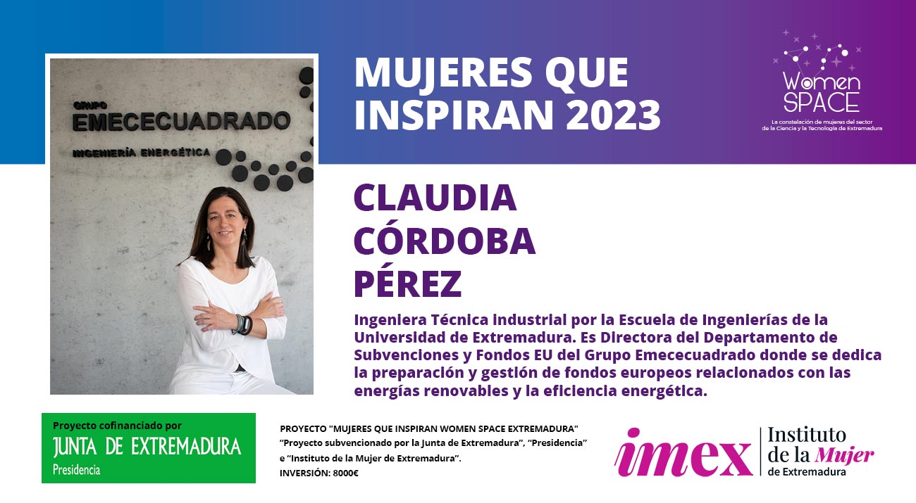 Claudia Córdoba Pérez. Ingeniera, Directora del Departamento de Subvenciones y Fondos EU del Grupo EMECECUADRADO y adepta a las energías renovables. Mujeres que inspiran 2023.