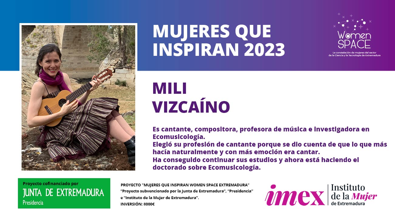 Mili Vizcaíno. Cantante, compositora, profesora de música e investigadora en Ecomusicología. Mujeres que Inspiran 2023.